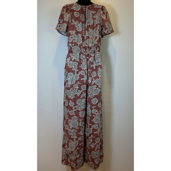 Anthropologie Wide-Leg Floral Jumpsuit XS Brick Red Teal Short Sleeve NWT - Picture 4 of 8